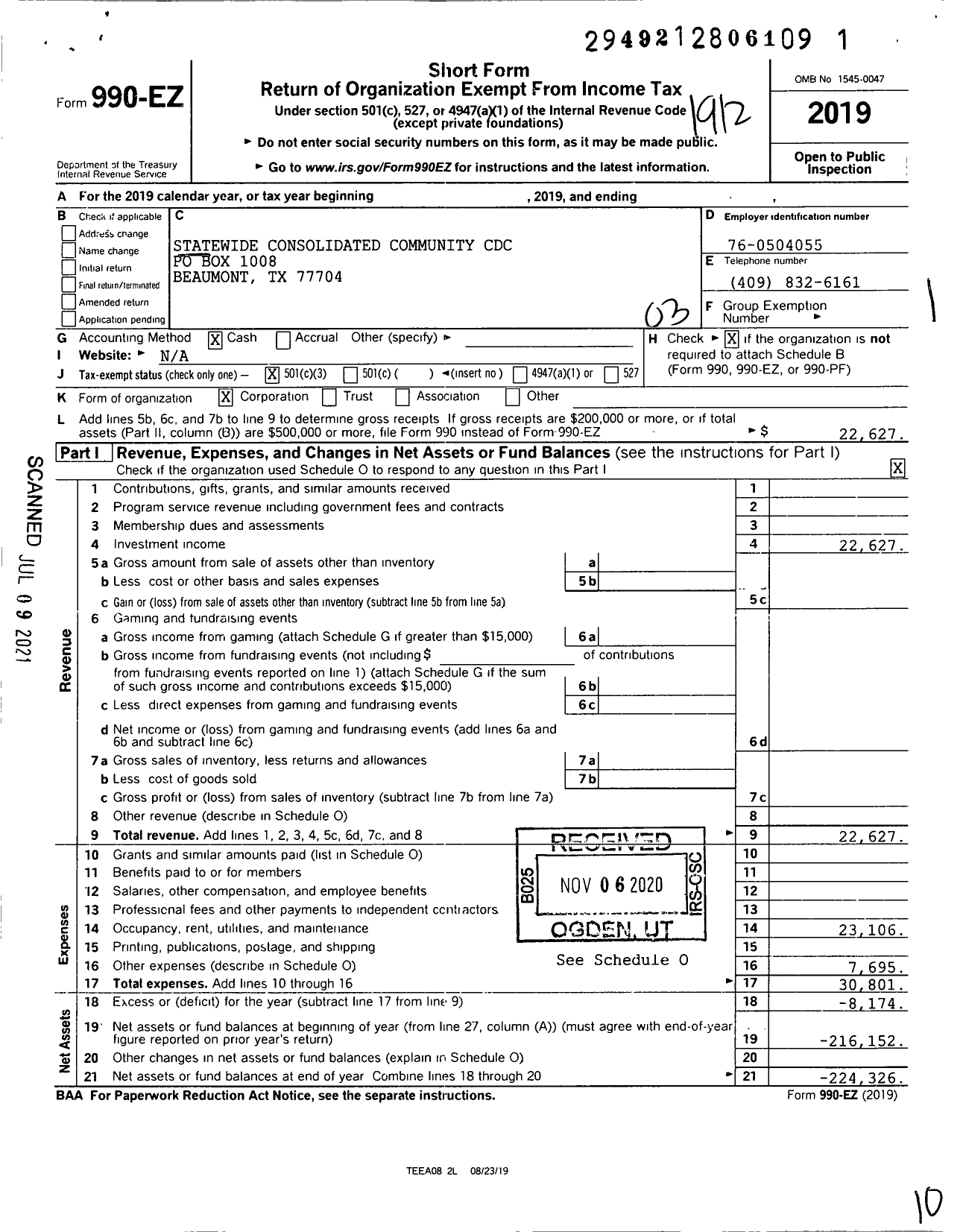 Image of first page of 2019 Form 990EZ for Statewide Consolidated Community CDC