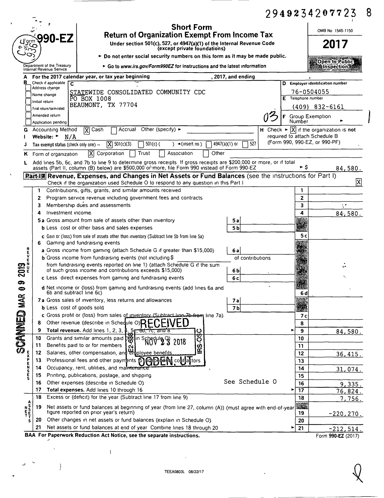 Image of first page of 2017 Form 990EZ for Statewide Consolidated Community CDC