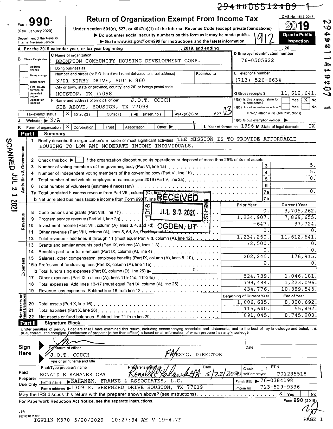 Image of first page of 2019 Form 990 for Brompton Community Housing Development Corp