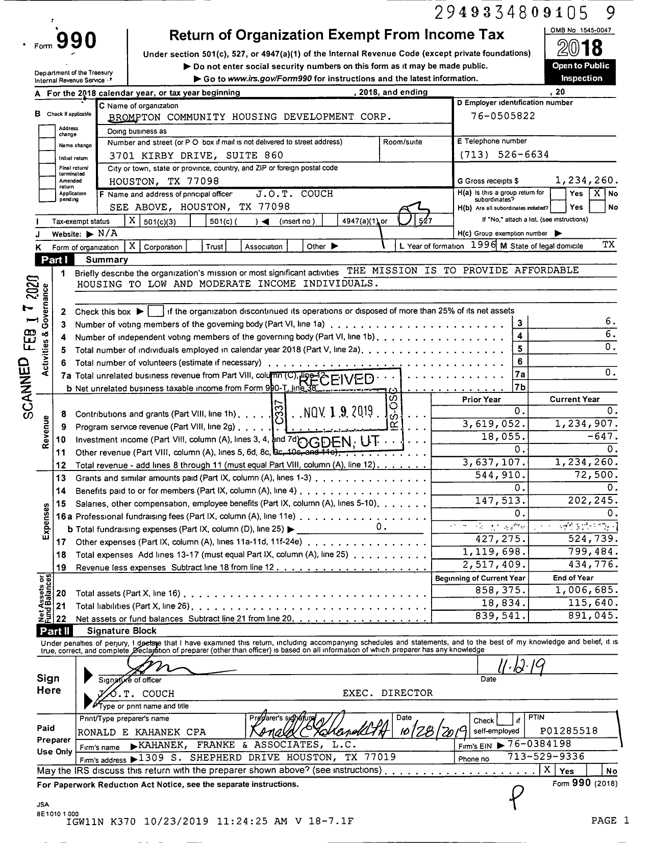 Image of first page of 2018 Form 990 for Brompton Community Housing Development Corp