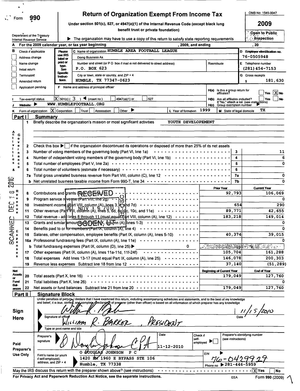 Image of first page of 2009 Form 990 for Humble Area Football League