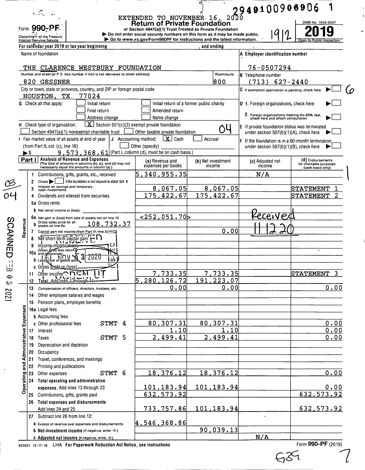 Image of first page of 2019 Form 990PF for The Clarence Westbury Foundation