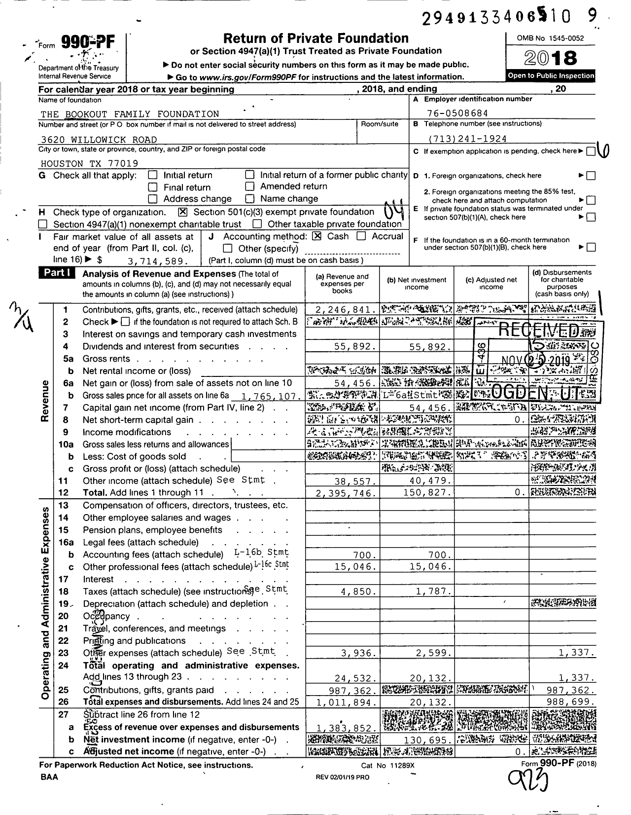 Image of first page of 2018 Form 990PF for Ann and John Bookout Foundation