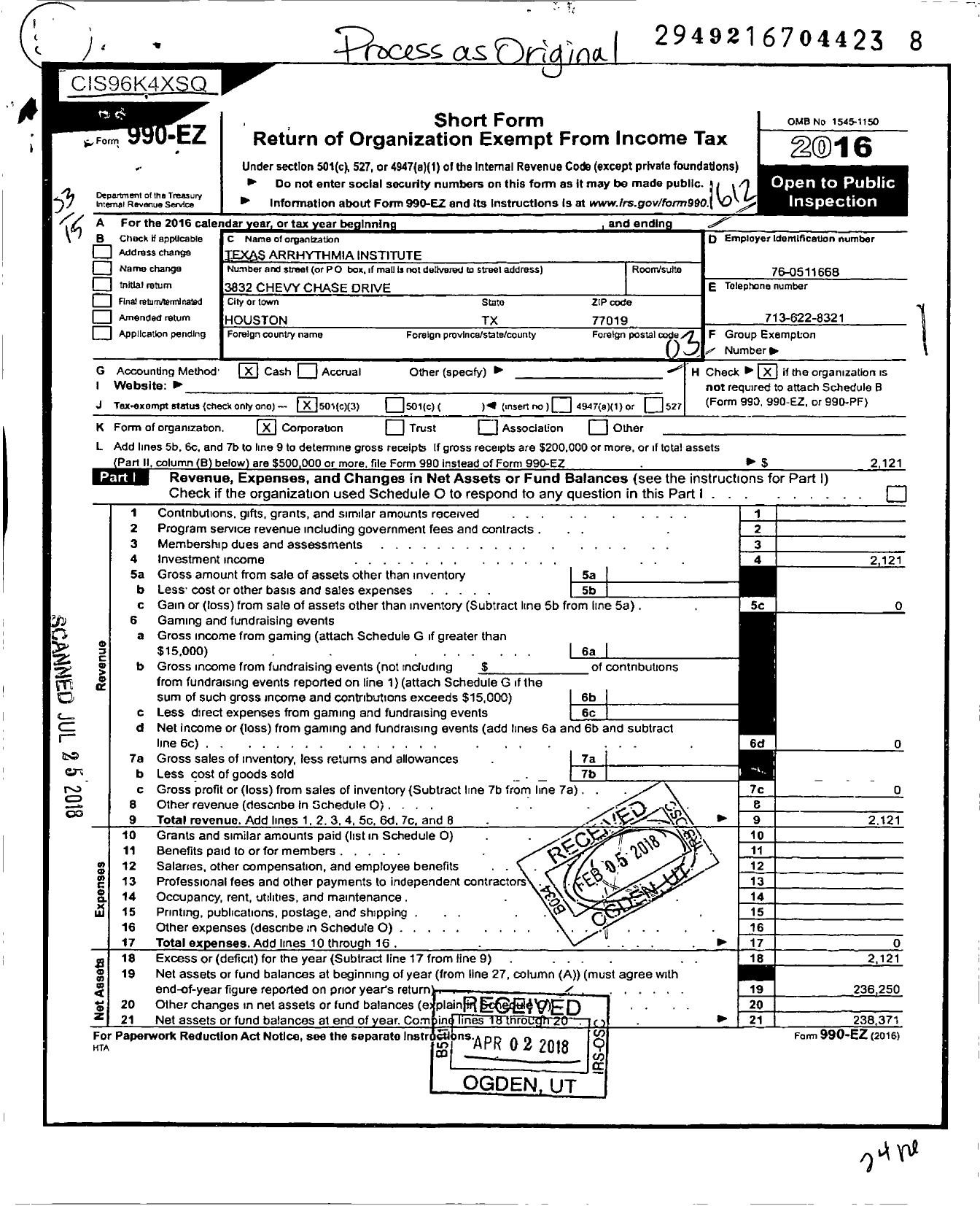 Image of first page of 2016 Form 990EZ for Texas Arrhythmia Institute