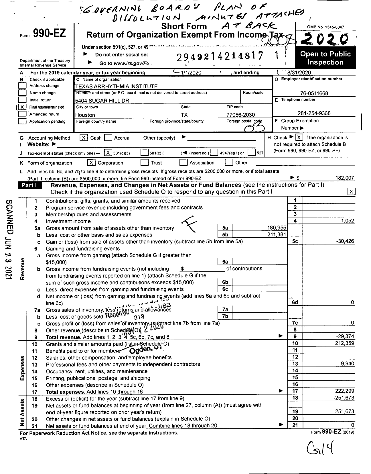 Image of first page of 2019 Form 990EZ for Texas Arrhythmia Institute