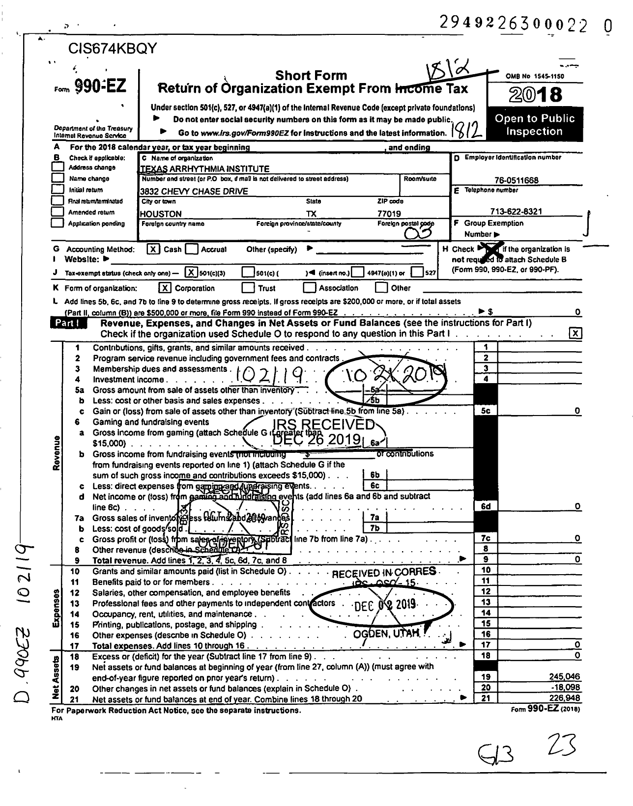 Image of first page of 2018 Form 990EZ for Texas Arrhythmia Institute