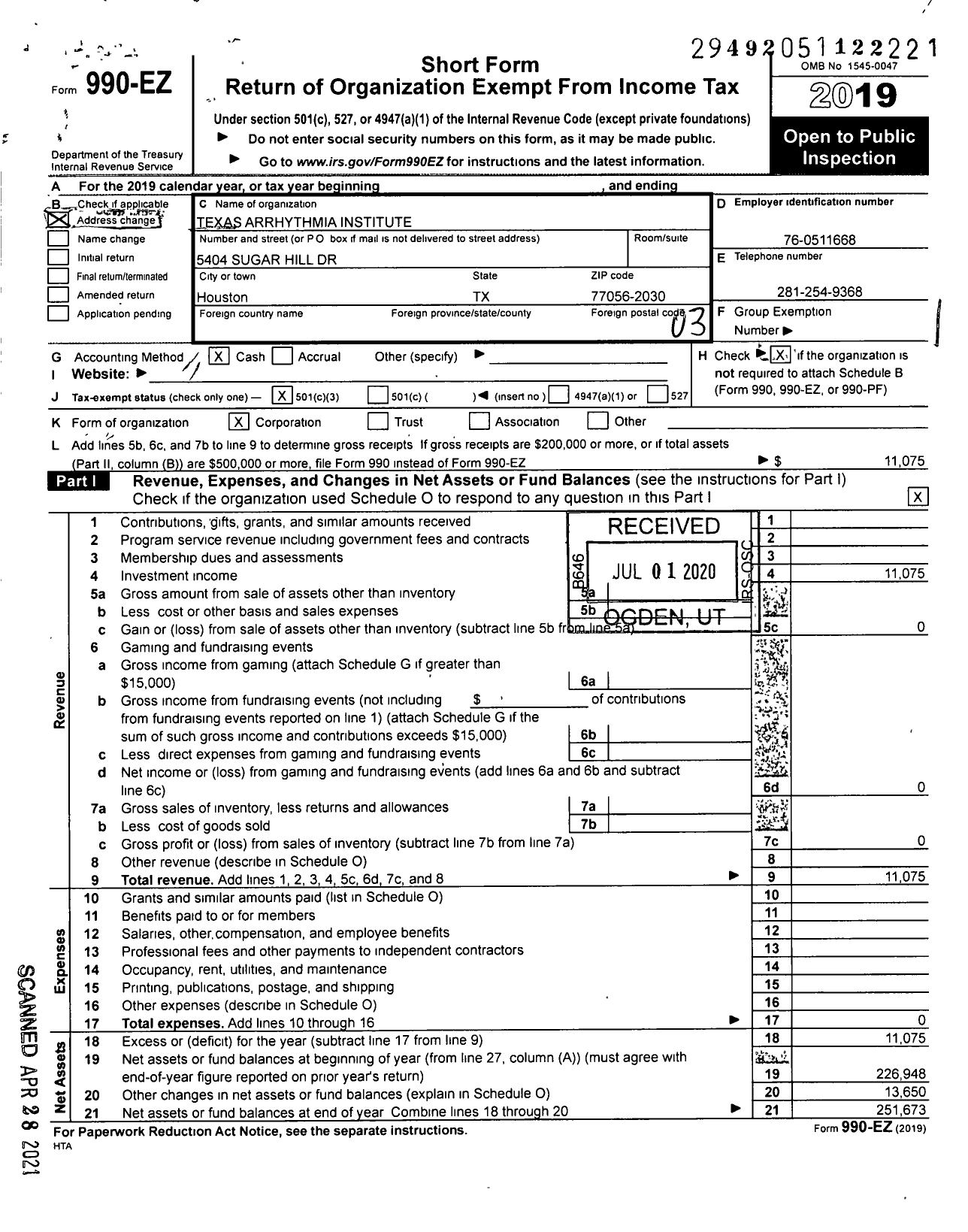 Image of first page of 2019 Form 990EZ for Texas Arrhythmia Institute