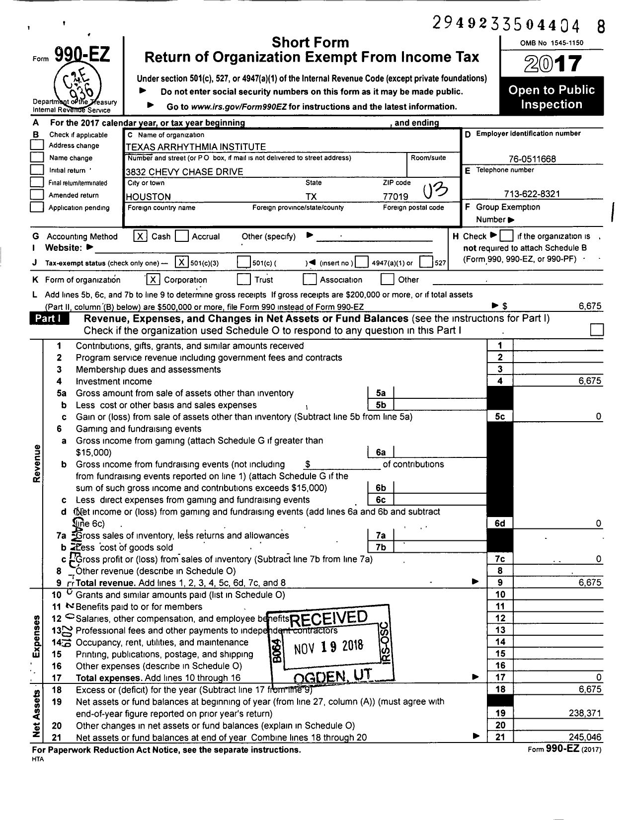 Image of first page of 2017 Form 990EZ for Texas Arrhythmia Institute