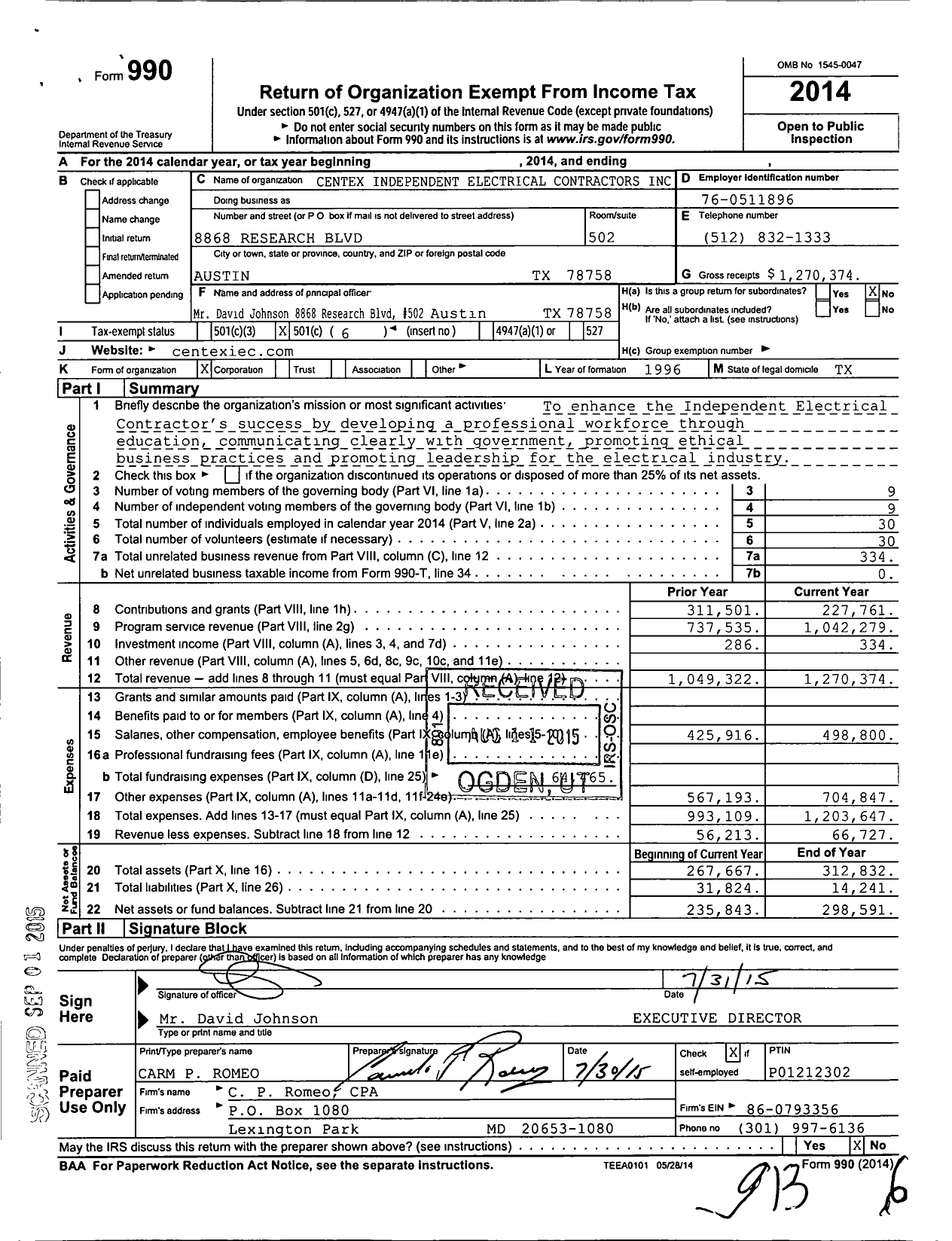 Image of first page of 2014 Form 990O for Centex Independent Electrical Contractors