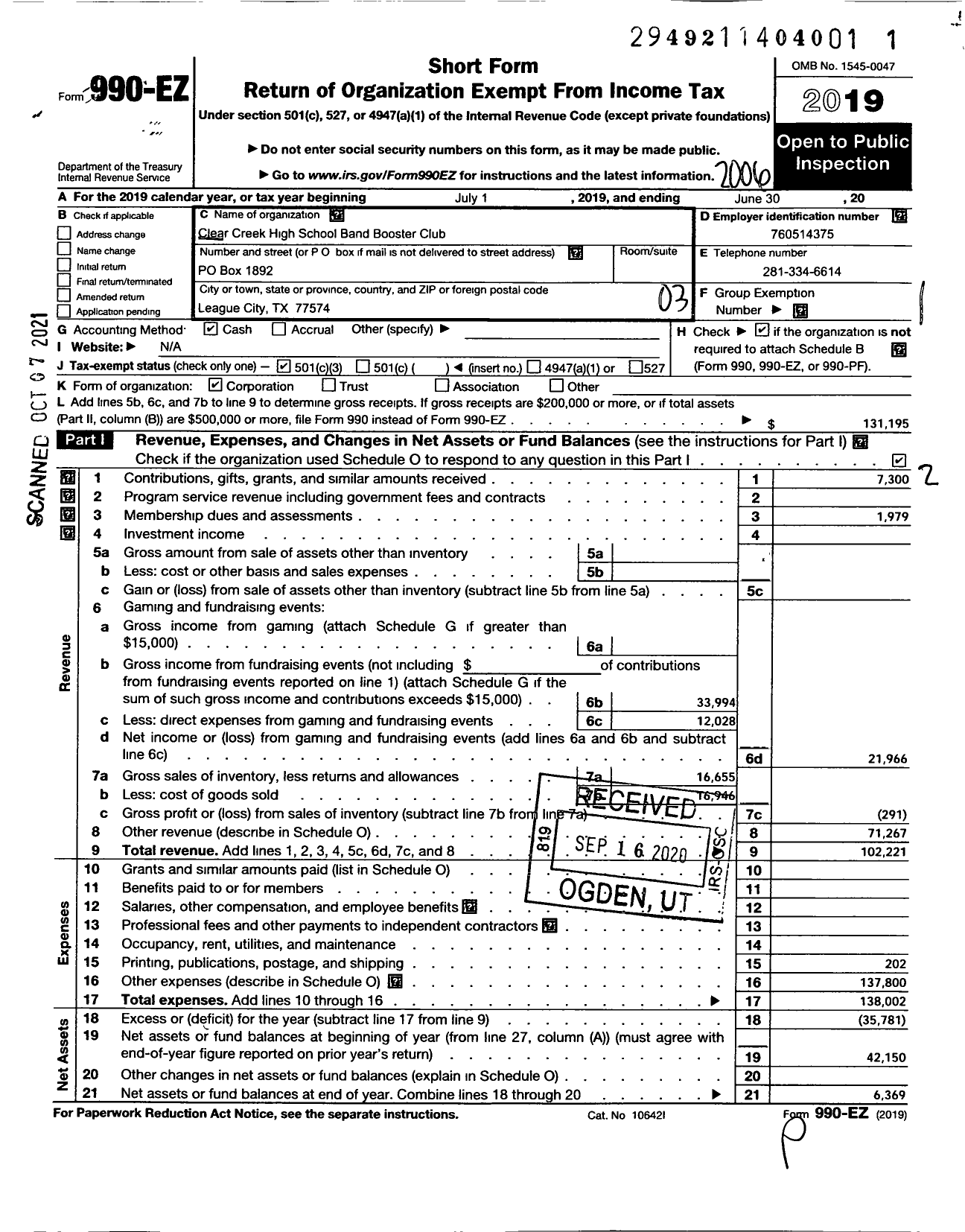 Image of first page of 2019 Form 990EZ for ClearCreek ISD Support Groups