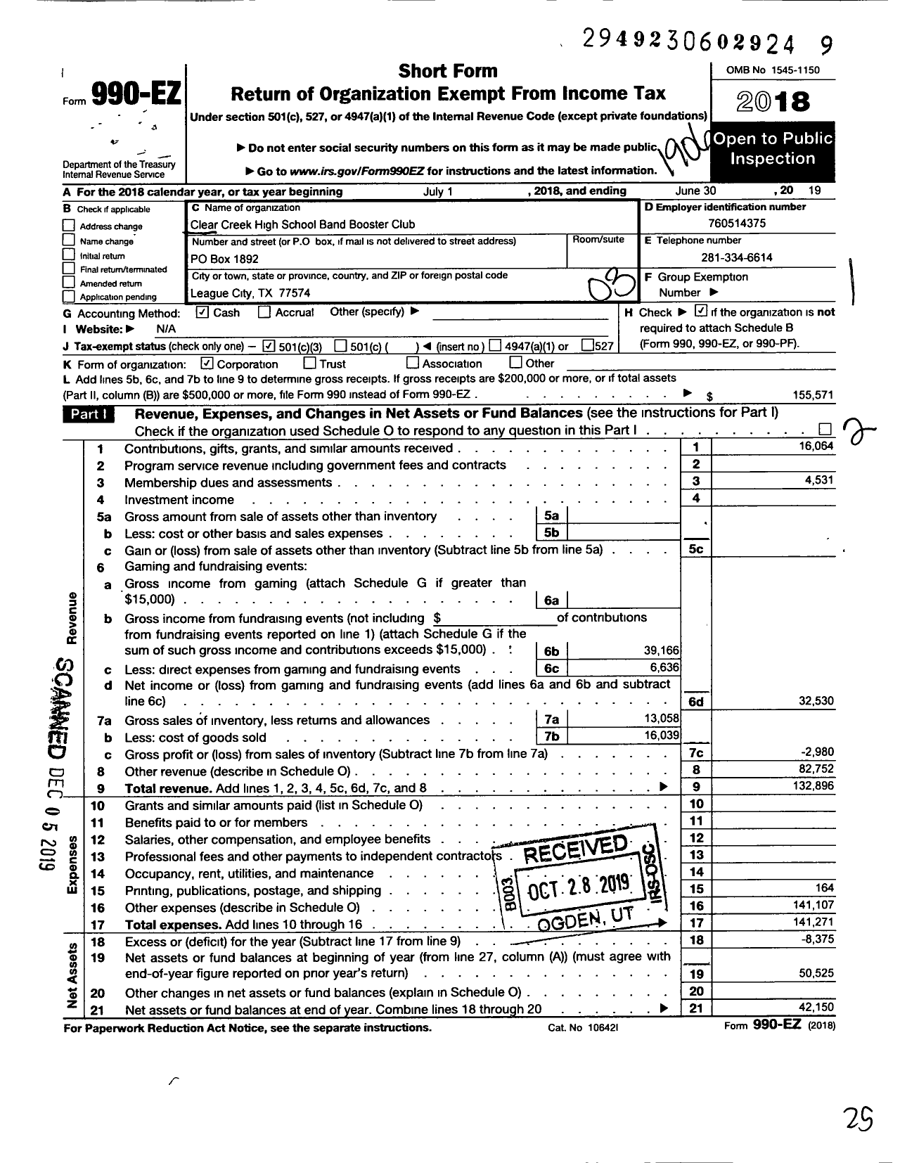 Image of first page of 2018 Form 990EZ for ClearCreek ISD Support Groups