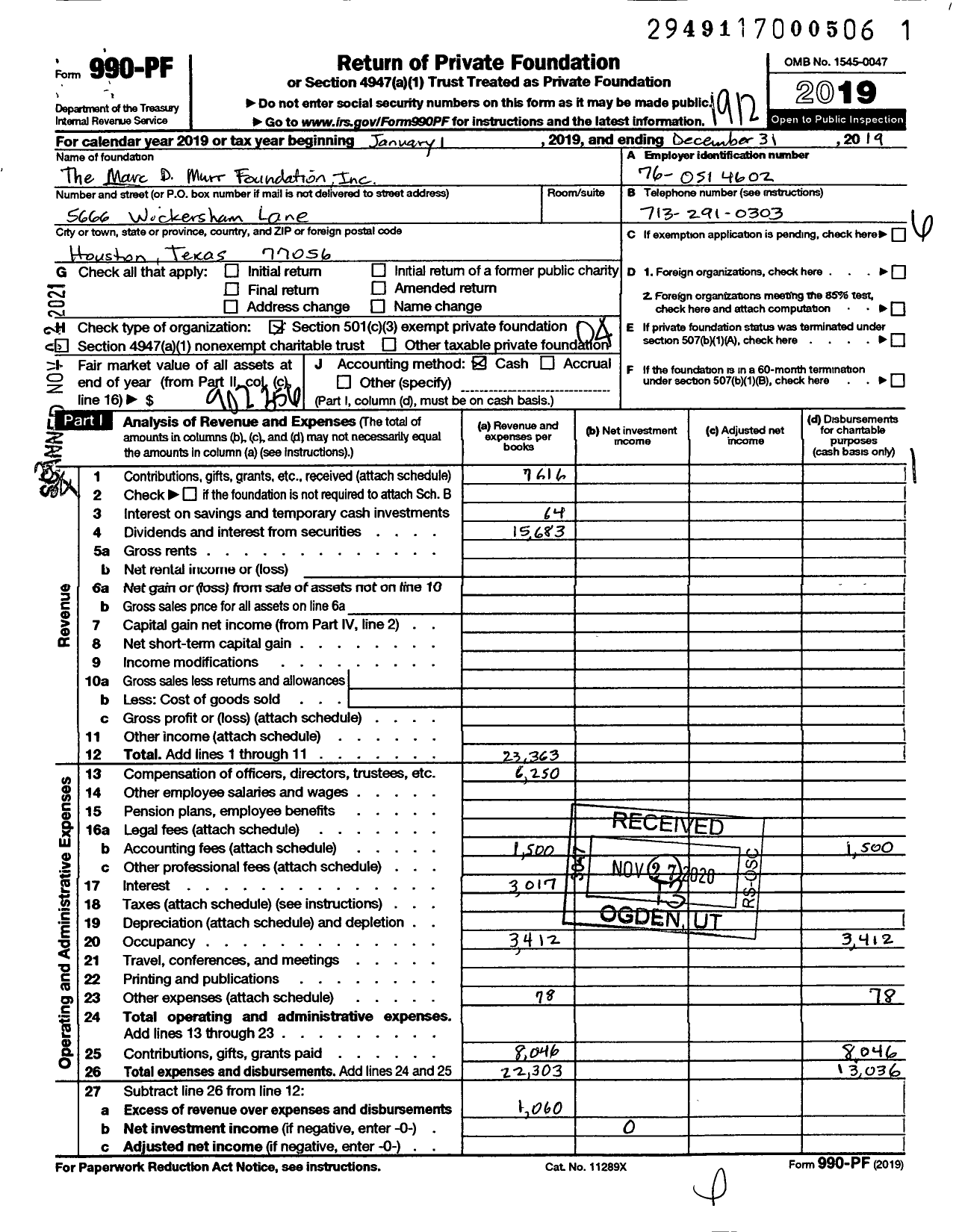 Image of first page of 2019 Form 990PF for The Marc D Murr Foundation