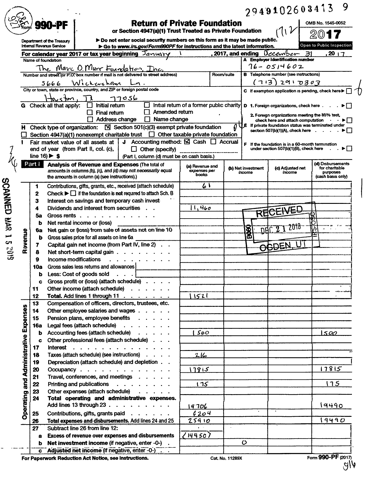 Image of first page of 2017 Form 990PF for The Marc D Murr Foundation