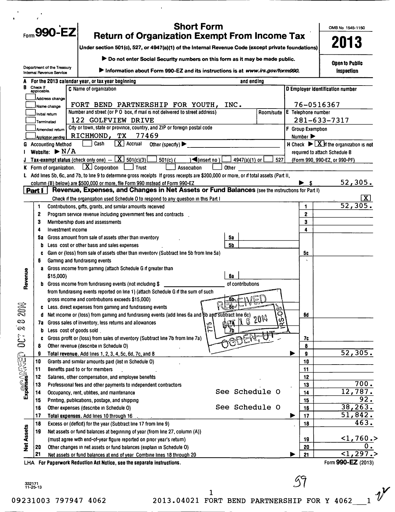 Image of first page of 2013 Form 990EZ for Fort Bend Partnership for Youth