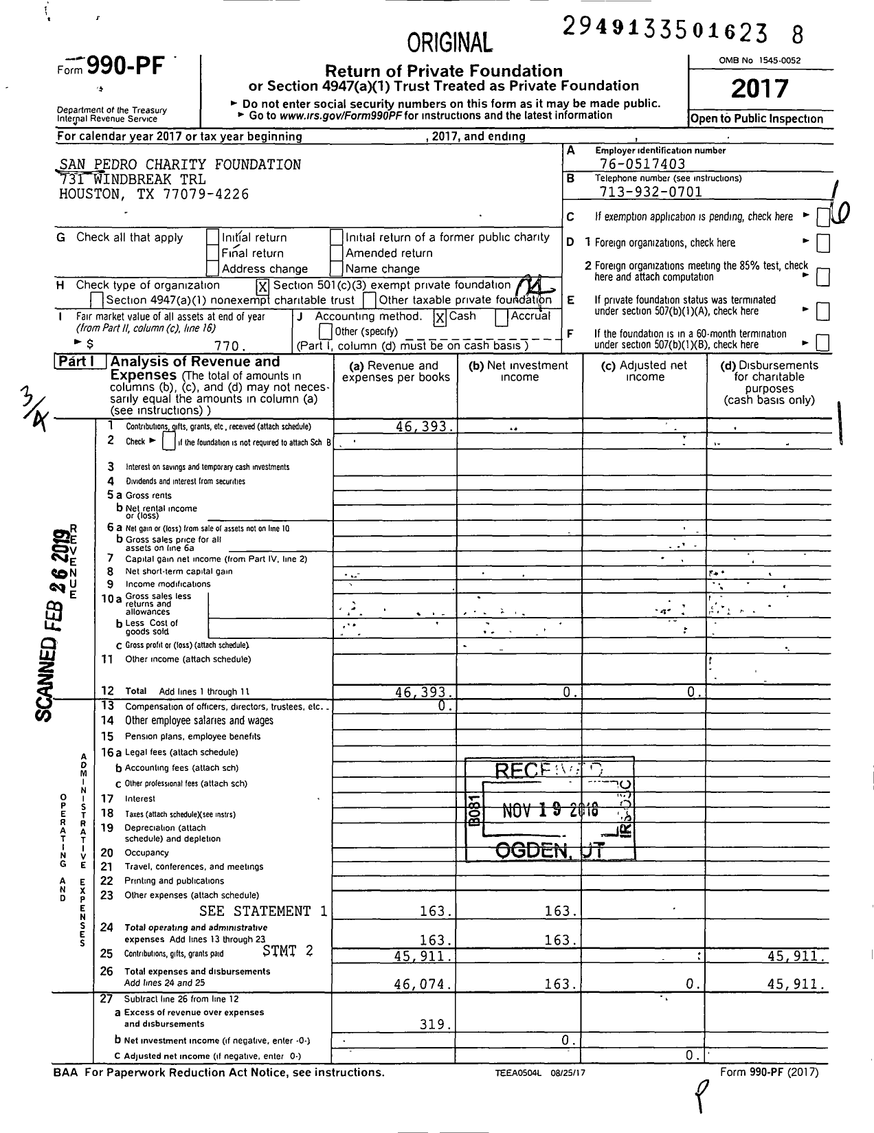 Image of first page of 2017 Form 990PF for San Pedro Charity Foundation