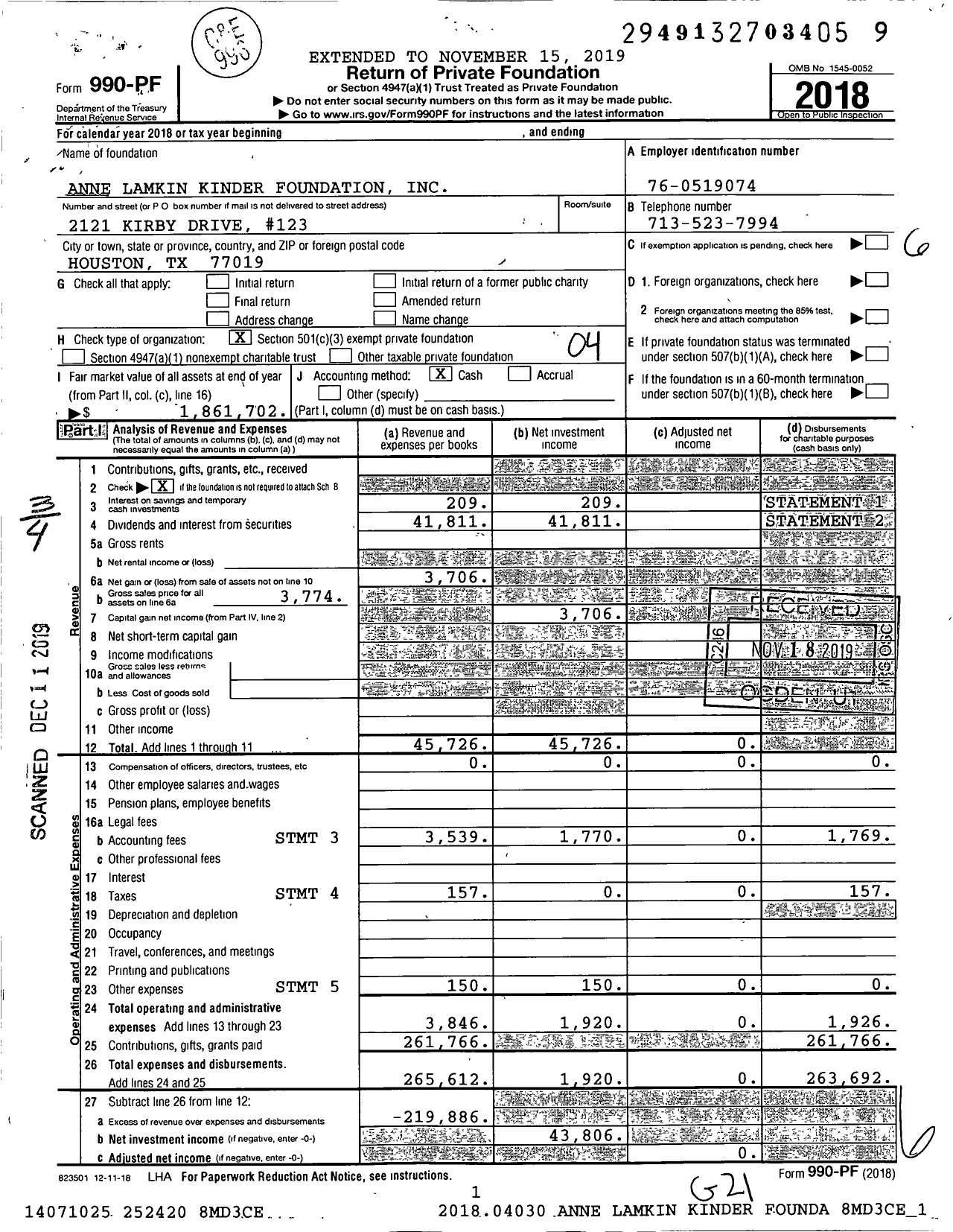 Image of first page of 2018 Form 990PF for Anne Lamkin Kinder Foundation