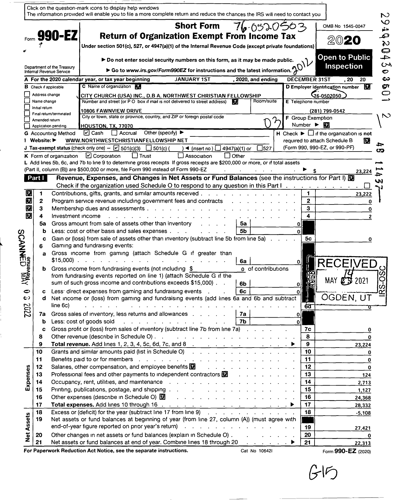 Image of first page of 2020 Form 990EZ for City Church Usa