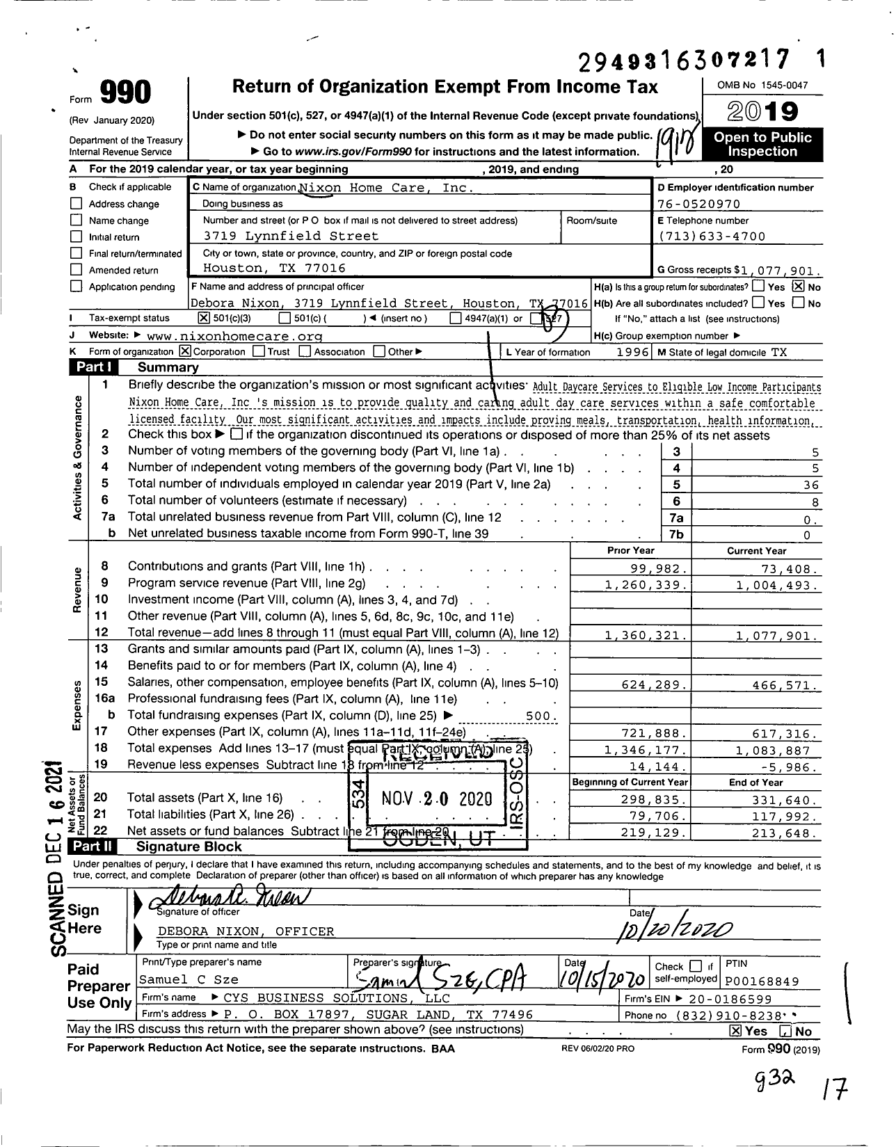 Image of first page of 2019 Form 990 for Nixon Home Care