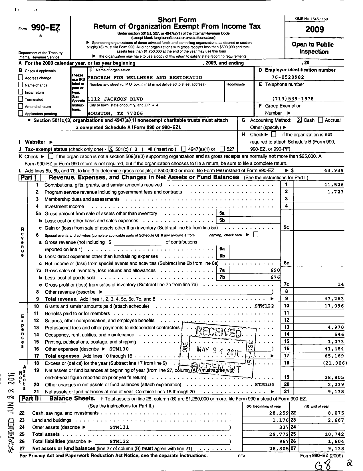 Image of first page of 2009 Form 990EZ for Program for Wellness Restoration