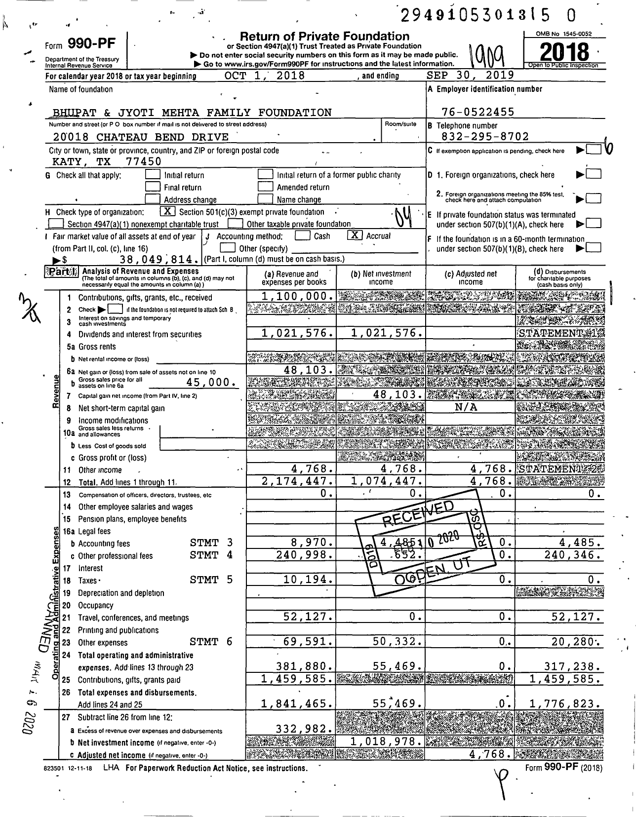 Image of first page of 2018 Form 990PR for Bhupat and Jyoti Mehta Family Foundation