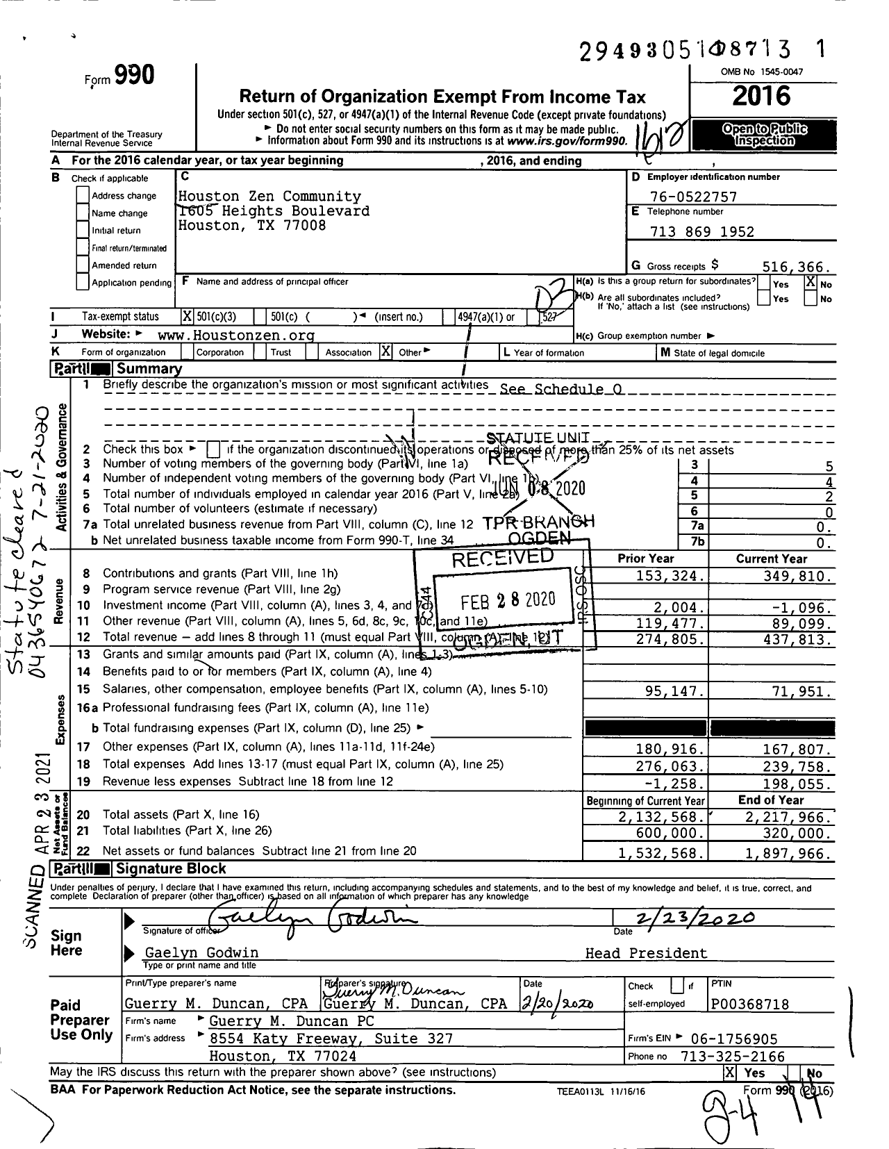 Image of first page of 2016 Form 990 for Houston Zen Community