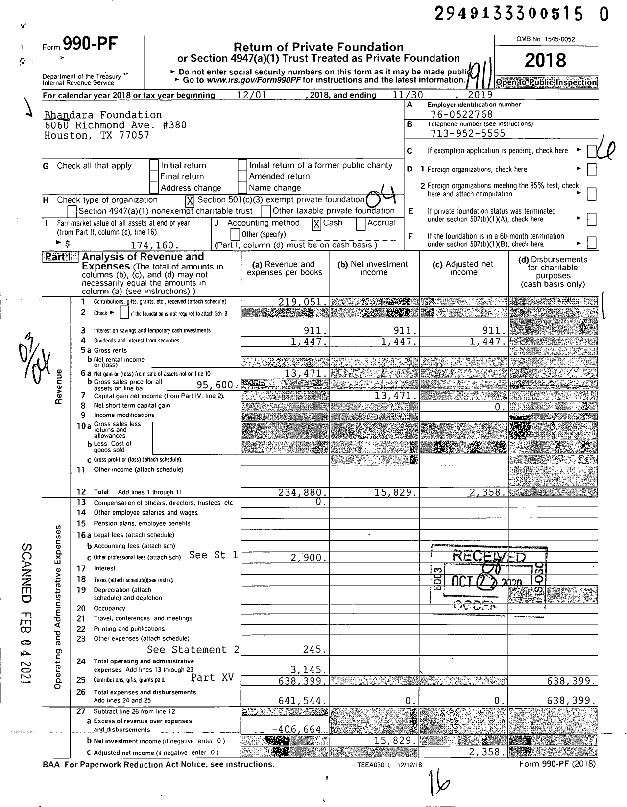 Image of first page of 2018 Form 990PF for Bhandara Foundation