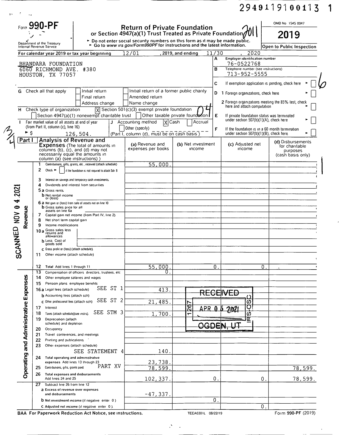 Image of first page of 2019 Form 990PF for Bhandara Foundation