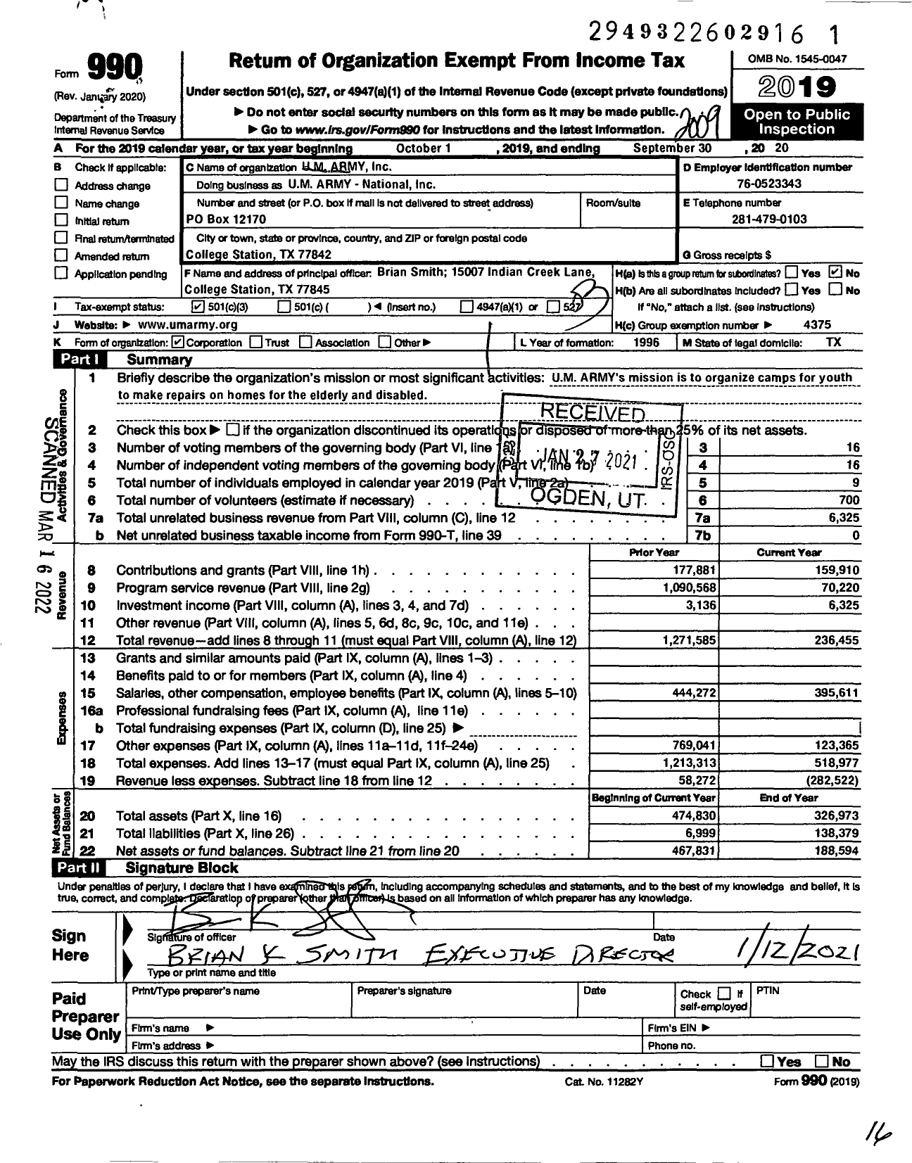 Image of first page of 2019 Form 990 for Um Army