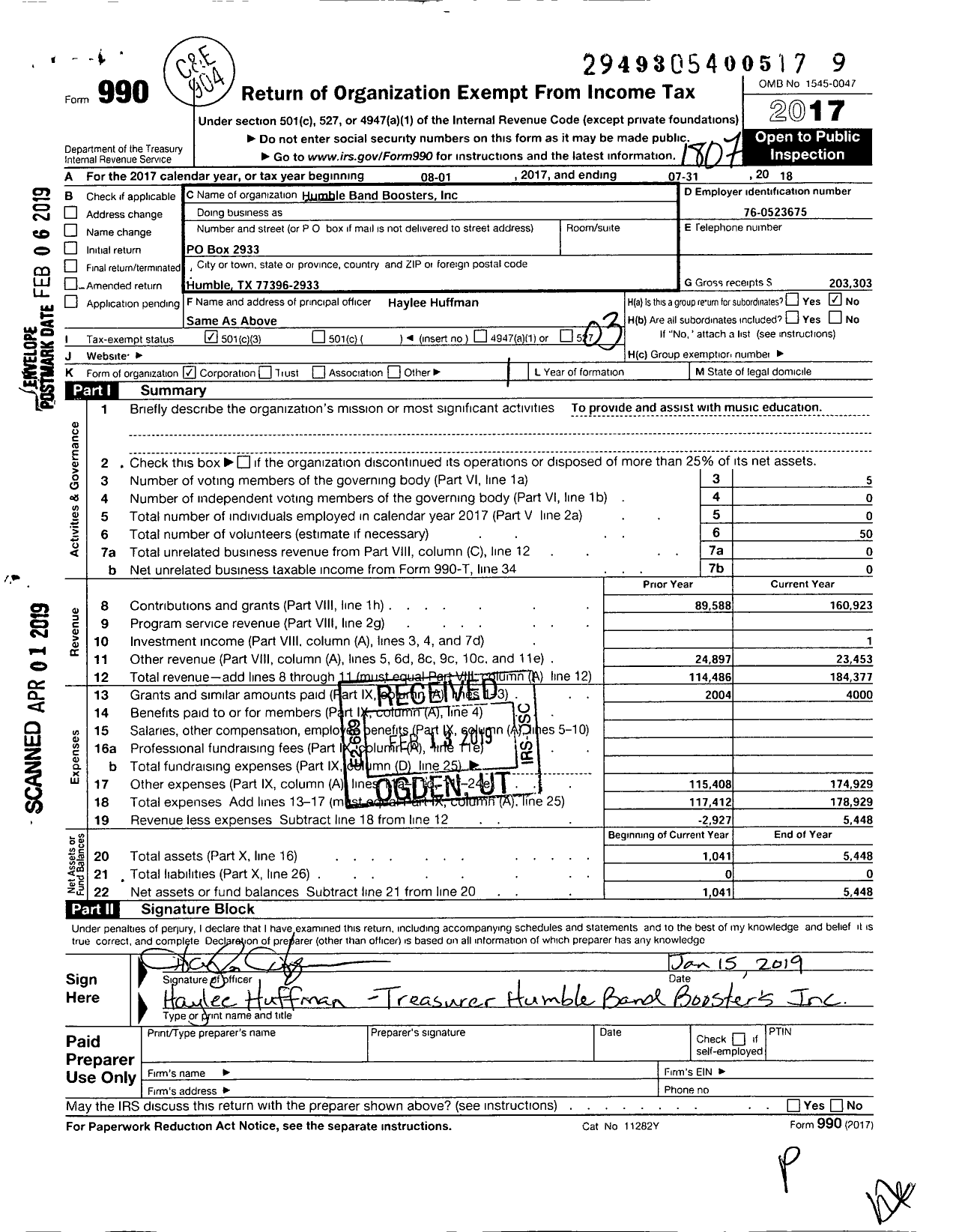 Image of first page of 2017 Form 990 for Humble Band Boosters