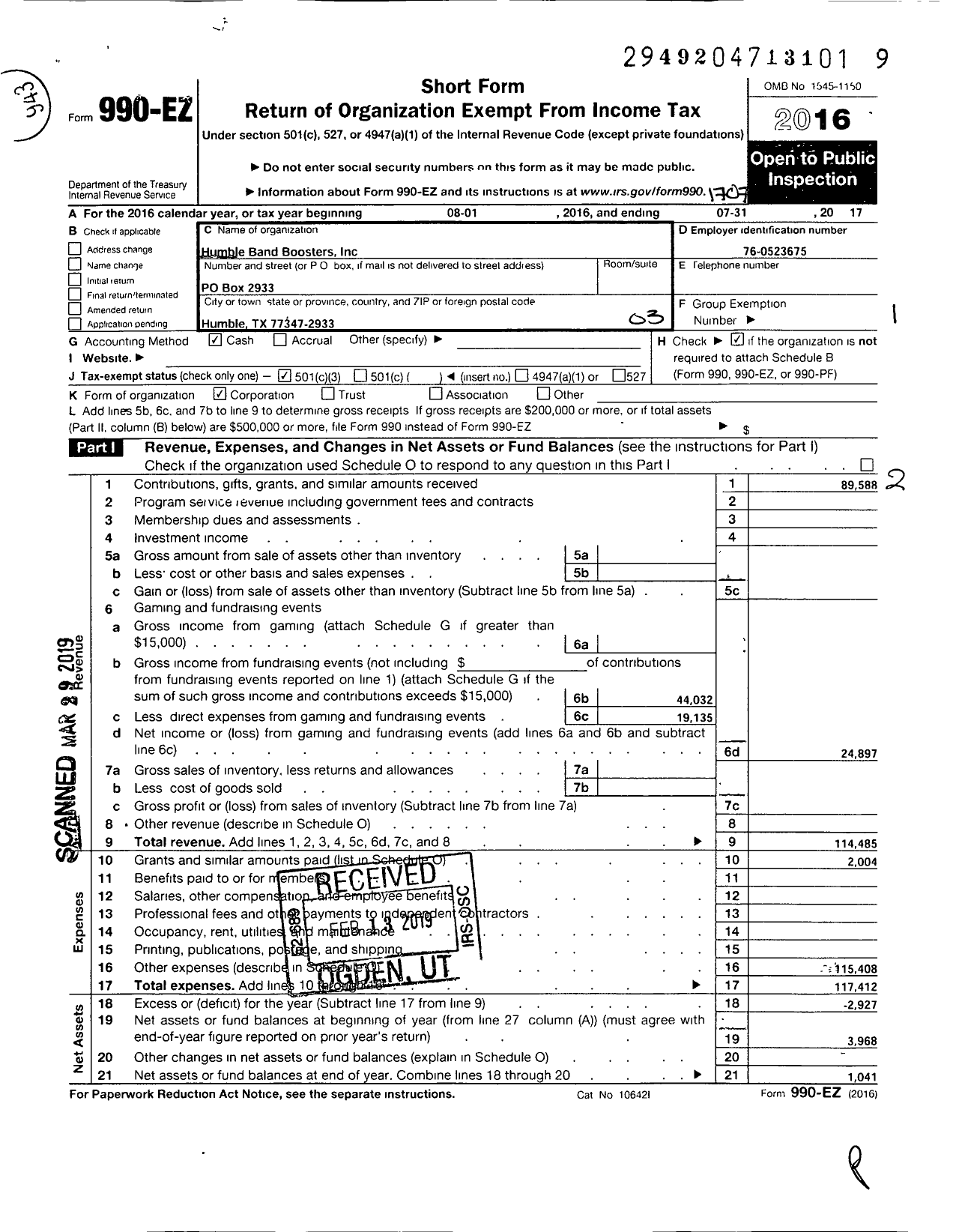 Image of first page of 2016 Form 990EZ for Humble Band Boosters