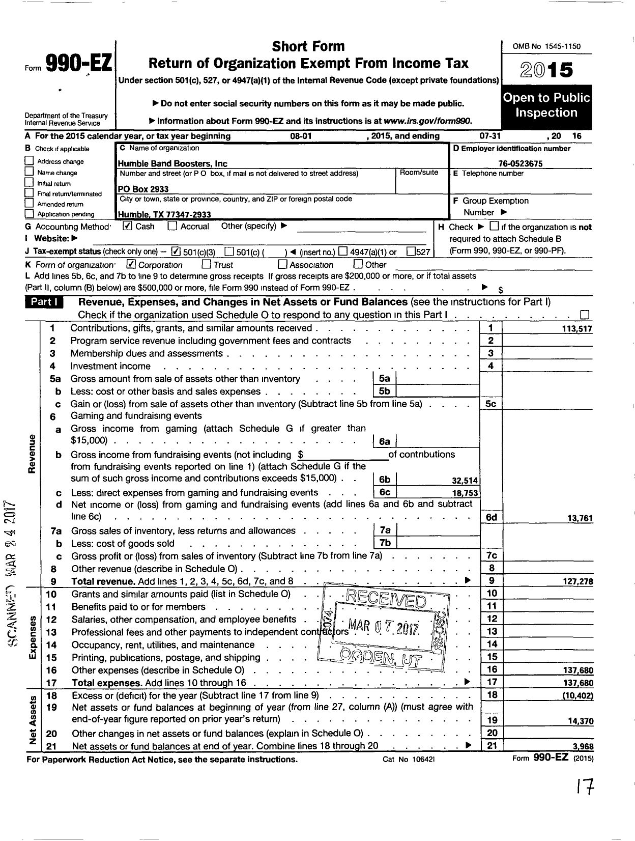 Image of first page of 2015 Form 990EZ for Humble Band Boosters