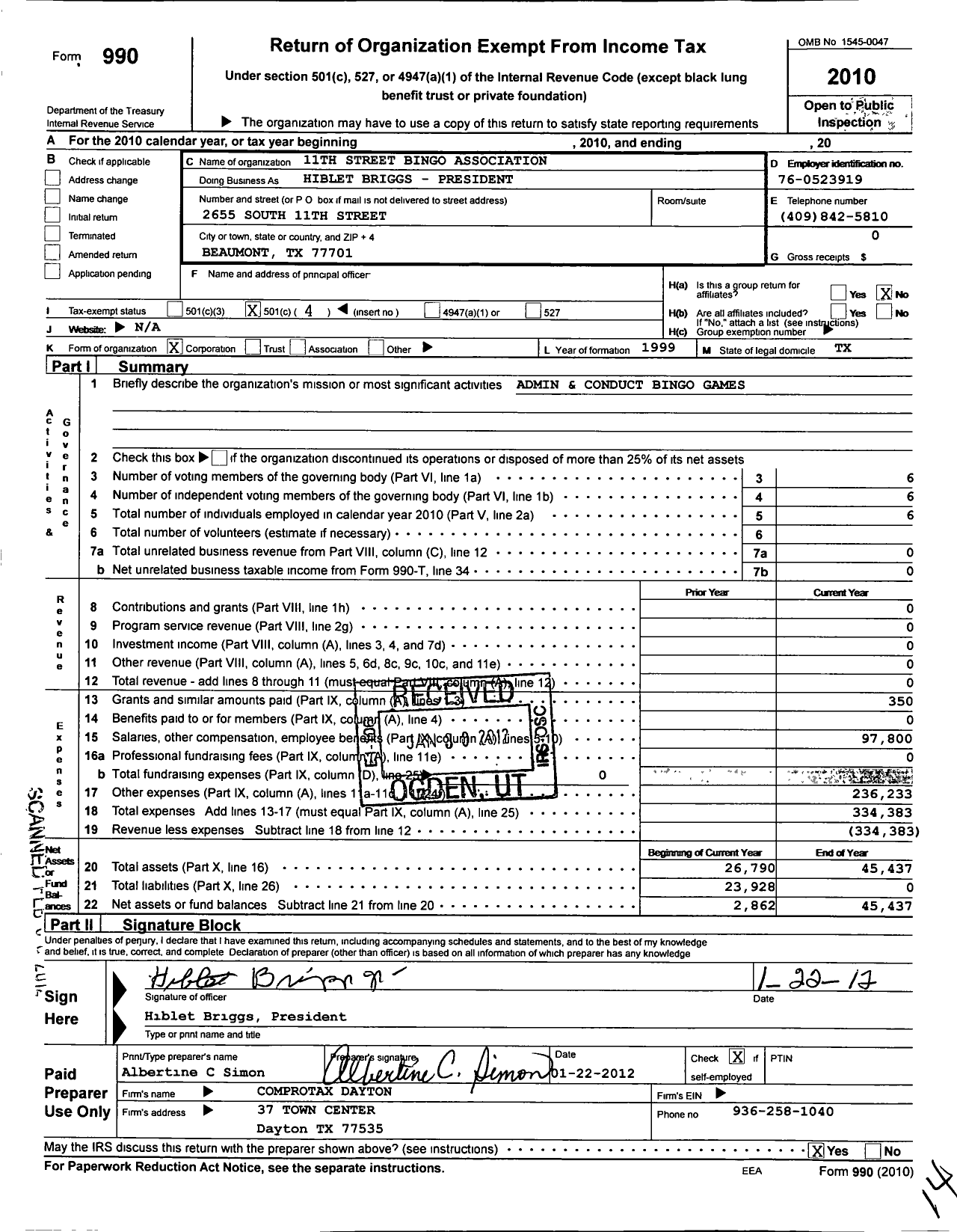 Image of first page of 2010 Form 990O for Hiblet Briggs - President