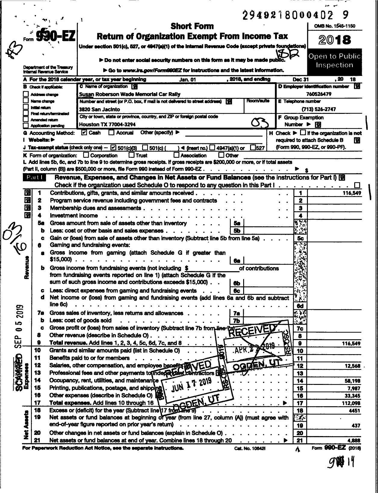 Image of first page of 2018 Form 990EZ for Susan Roberson Wade Memorial Car Rally