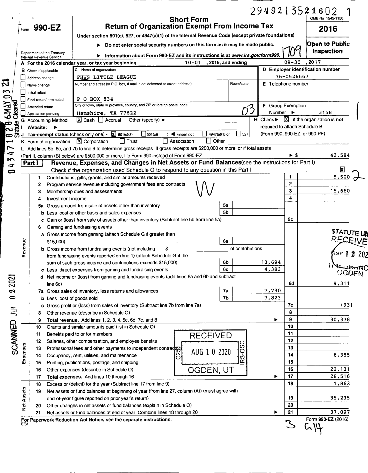 Image of first page of 2016 Form 990EZ for Little League Baseball - 3433202 Hamshire-Fannett LL