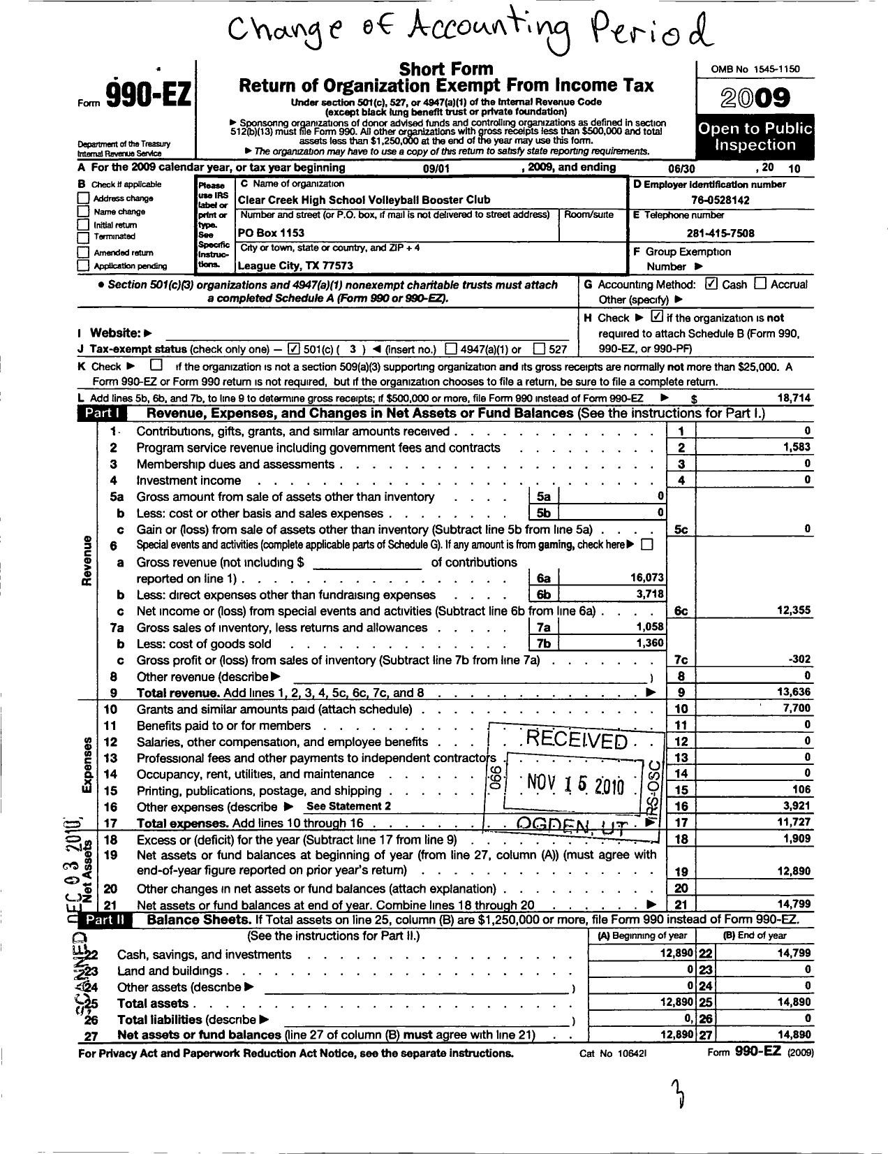 Image of first page of 2009 Form 990EZ for Clear Creek Isd Groups / Clear Creek HS Girls Volleyball BC