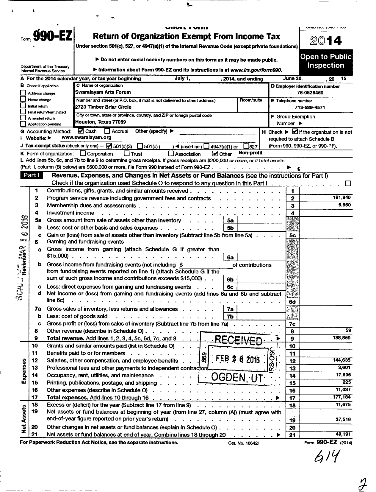 Image of first page of 2014 Form 990EZ for Swaralayam Arts Forum