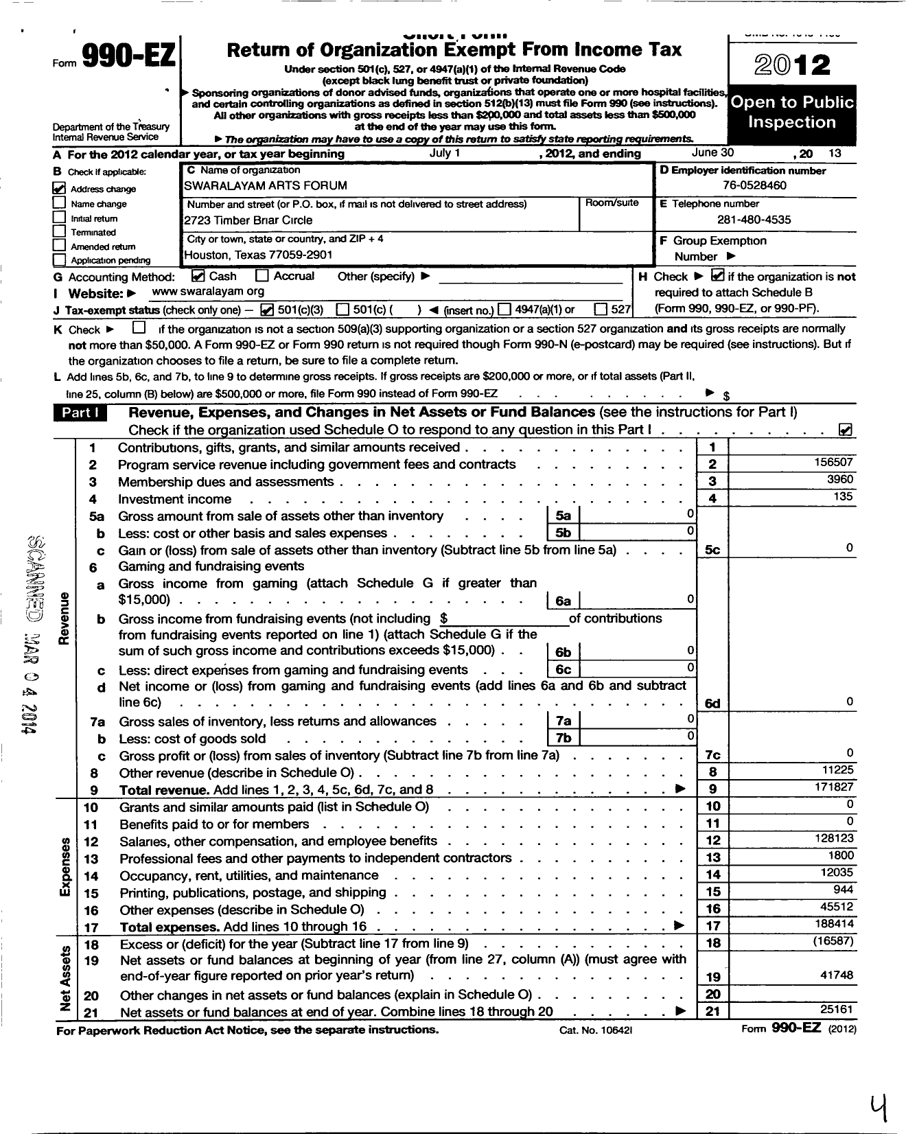 Image of first page of 2012 Form 990EZ for Swaralayam Arts Forum