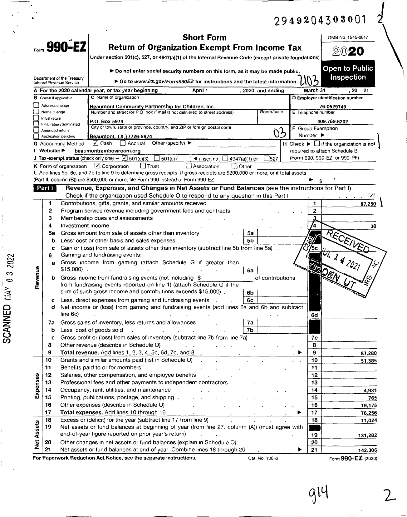 Image of first page of 2020 Form 990EZ for Beaumont Community Partnership for Children