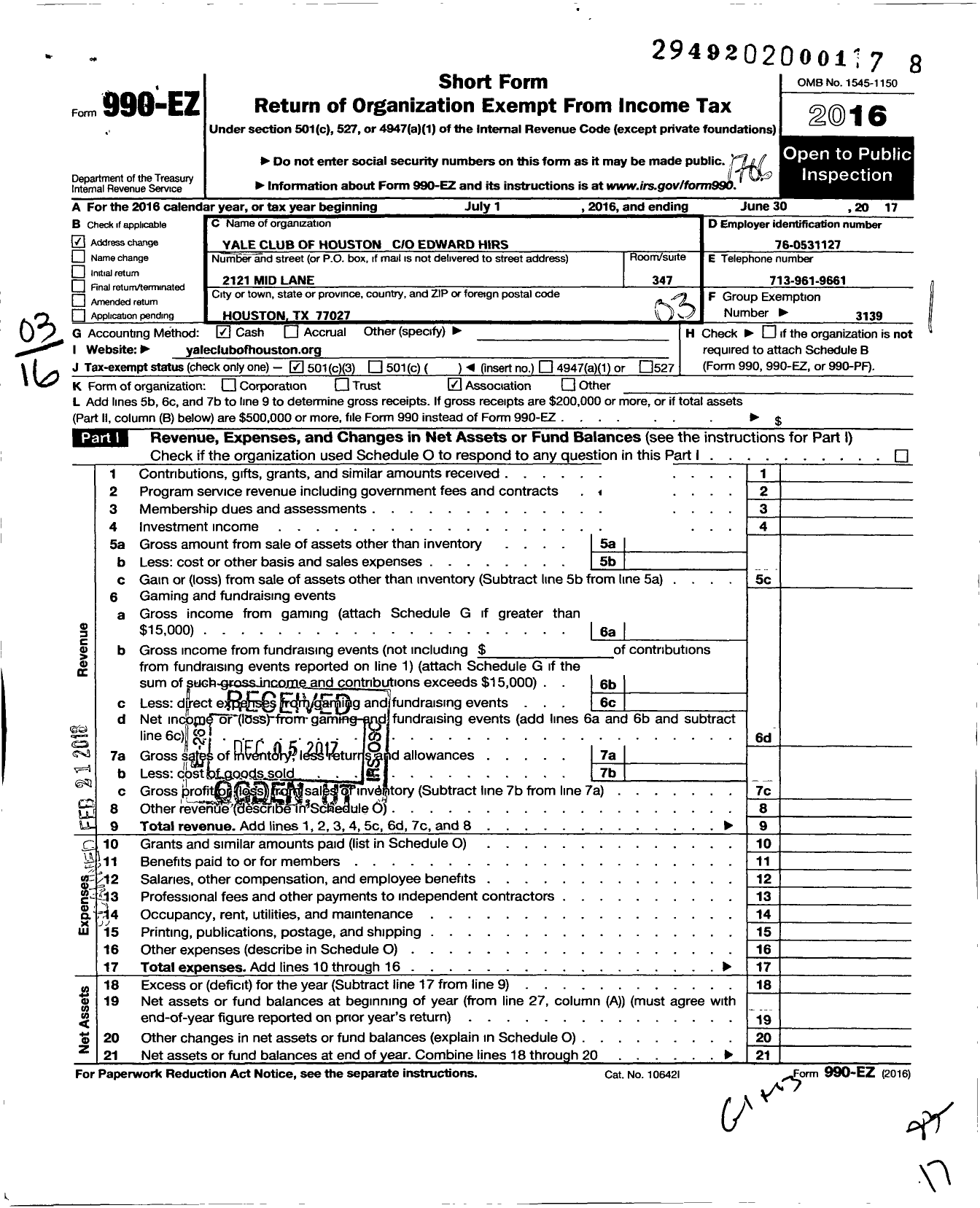 Image of first page of 2016 Form 990EZ for Yale Club of Houston