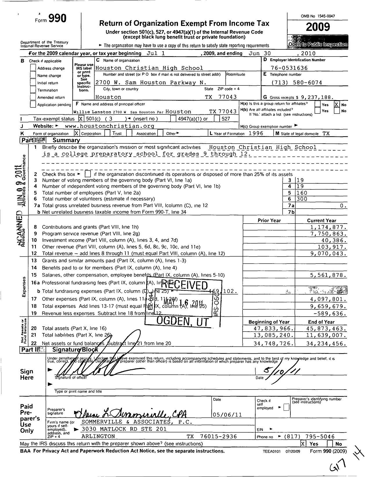 Image of first page of 2009 Form 990 for Houston Christian High School