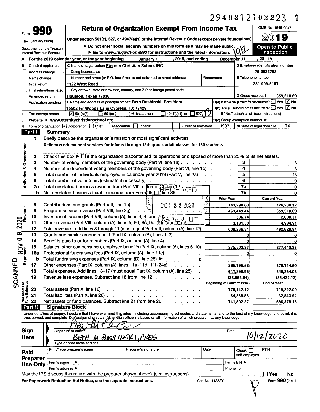 Image of first page of 2019 Form 990 for Eternity Christian School