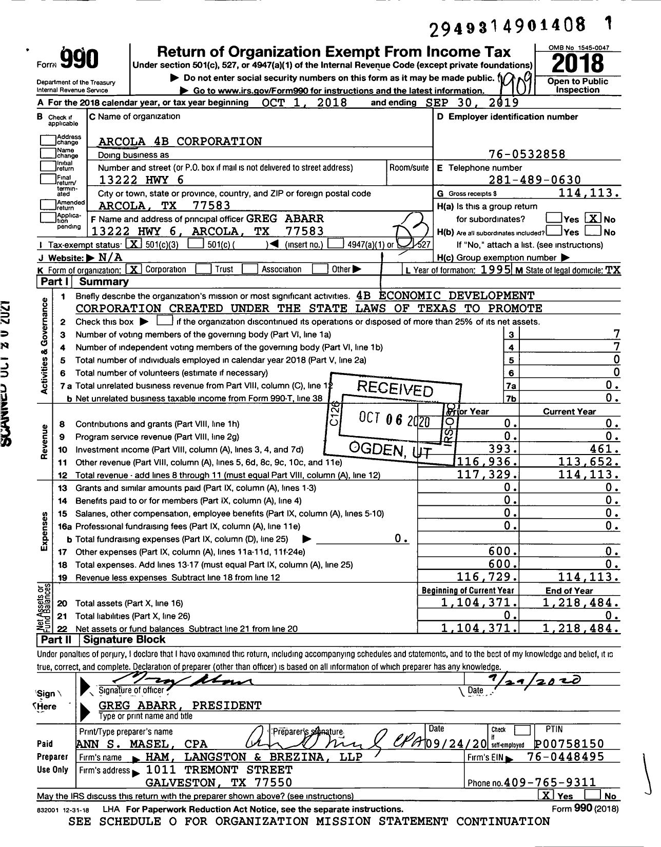 Image of first page of 2018 Form 990 for Arcola 4B Corporation