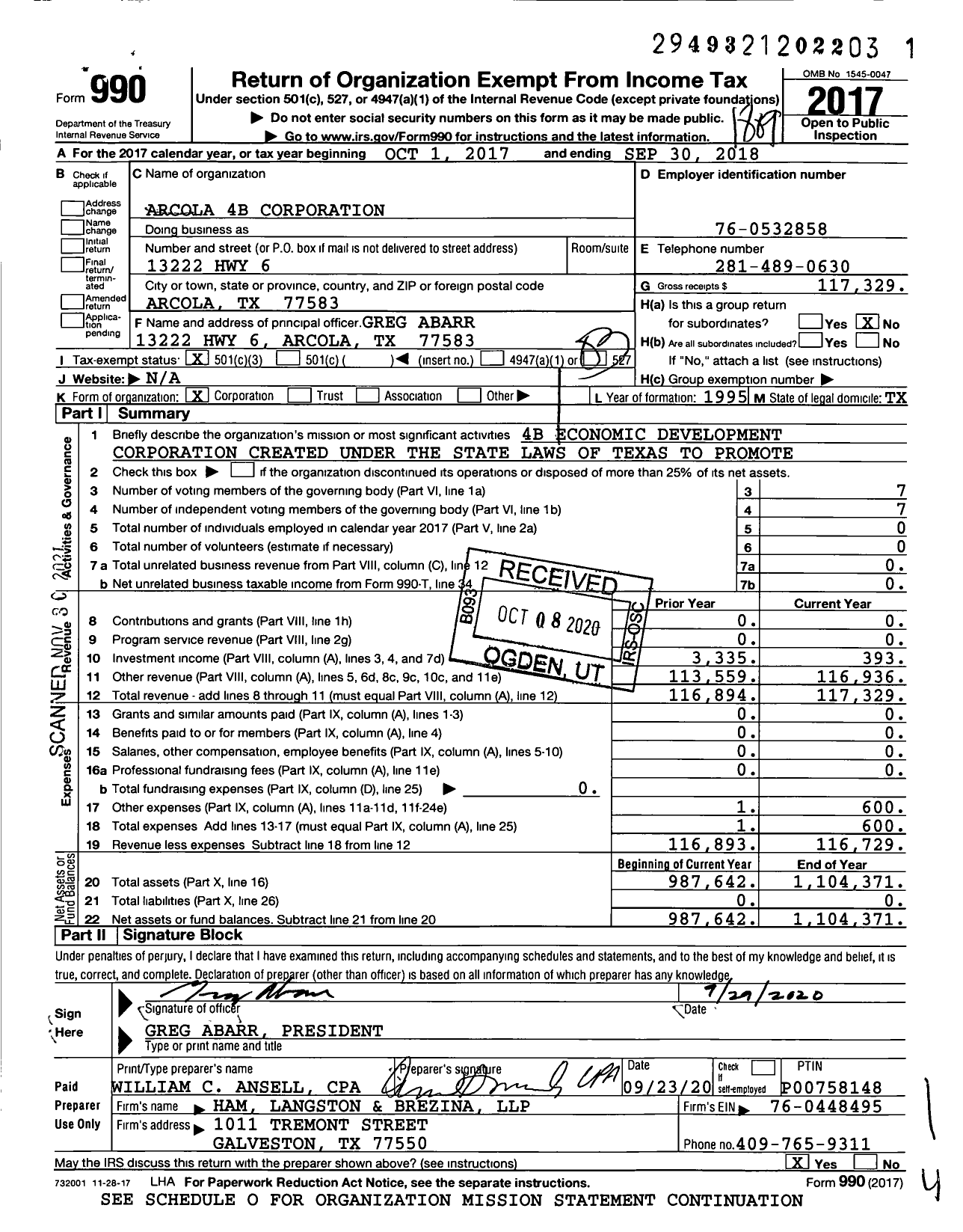 Image of first page of 2017 Form 990 for Arcola 4B Corporation