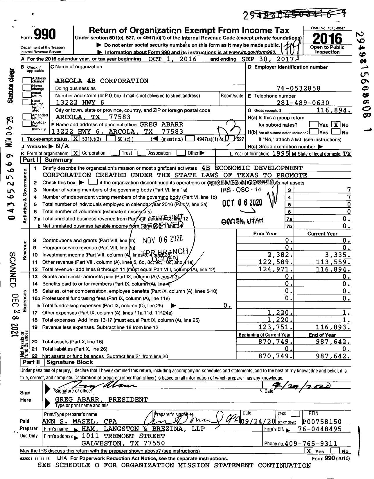 Image of first page of 2016 Form 990 for Arcola 4B Corporation