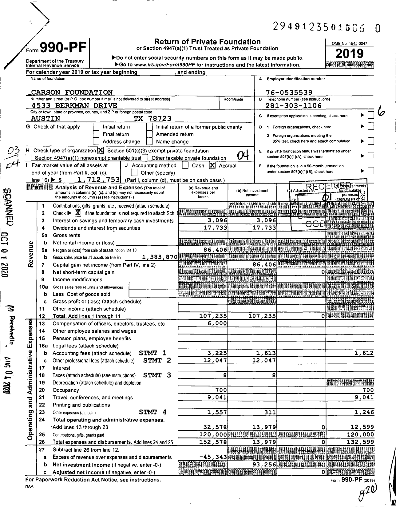 Image of first page of 2019 Form 990PR for Carson Foundation / Carson C Neal Ttee