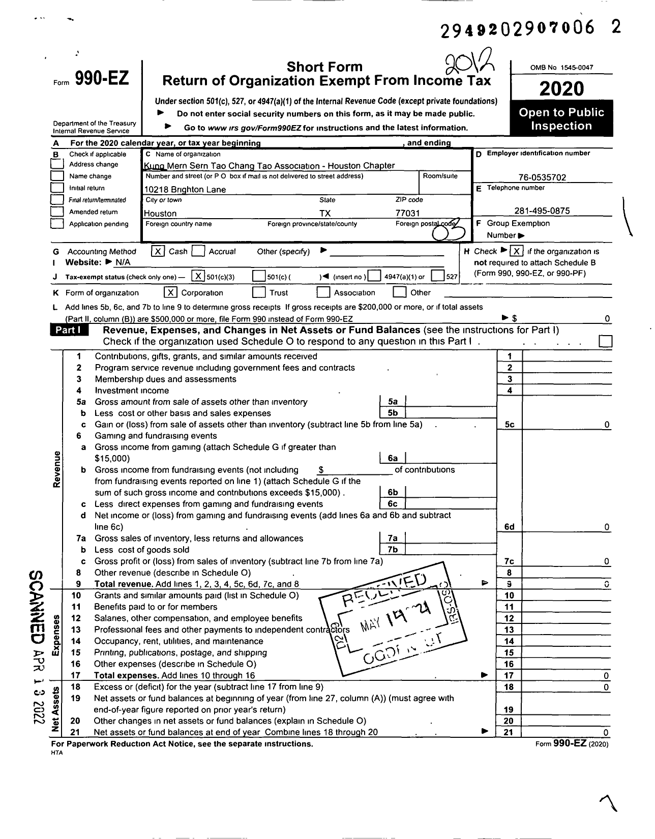 Image of first page of 2020 Form 990EZ for Kung Mern Sern Tao Chang Tao Association Houston Chapter