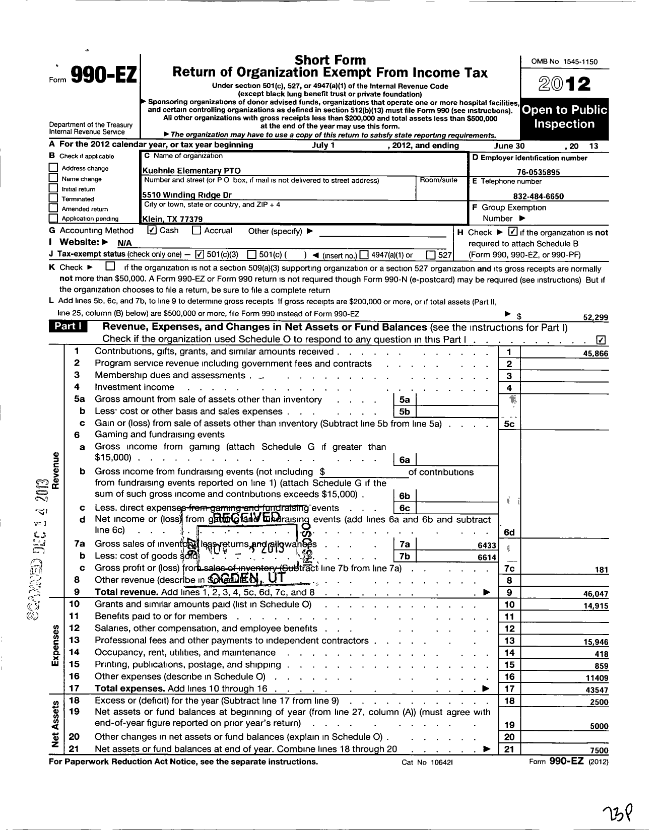 Image of first page of 2012 Form 990EZ for Kuehnle Elementary Parent Teacher Organization