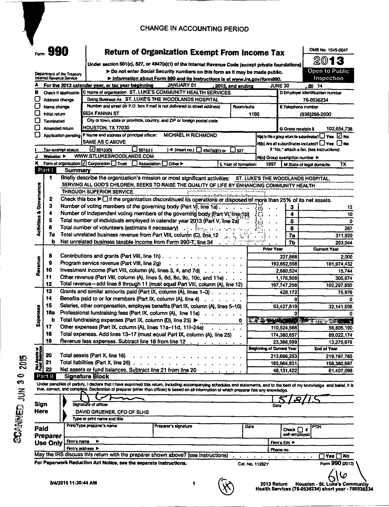 Image of first page of 2013 Form 990 for CHI ST LUKE'S Health THE Woodlands Hospital