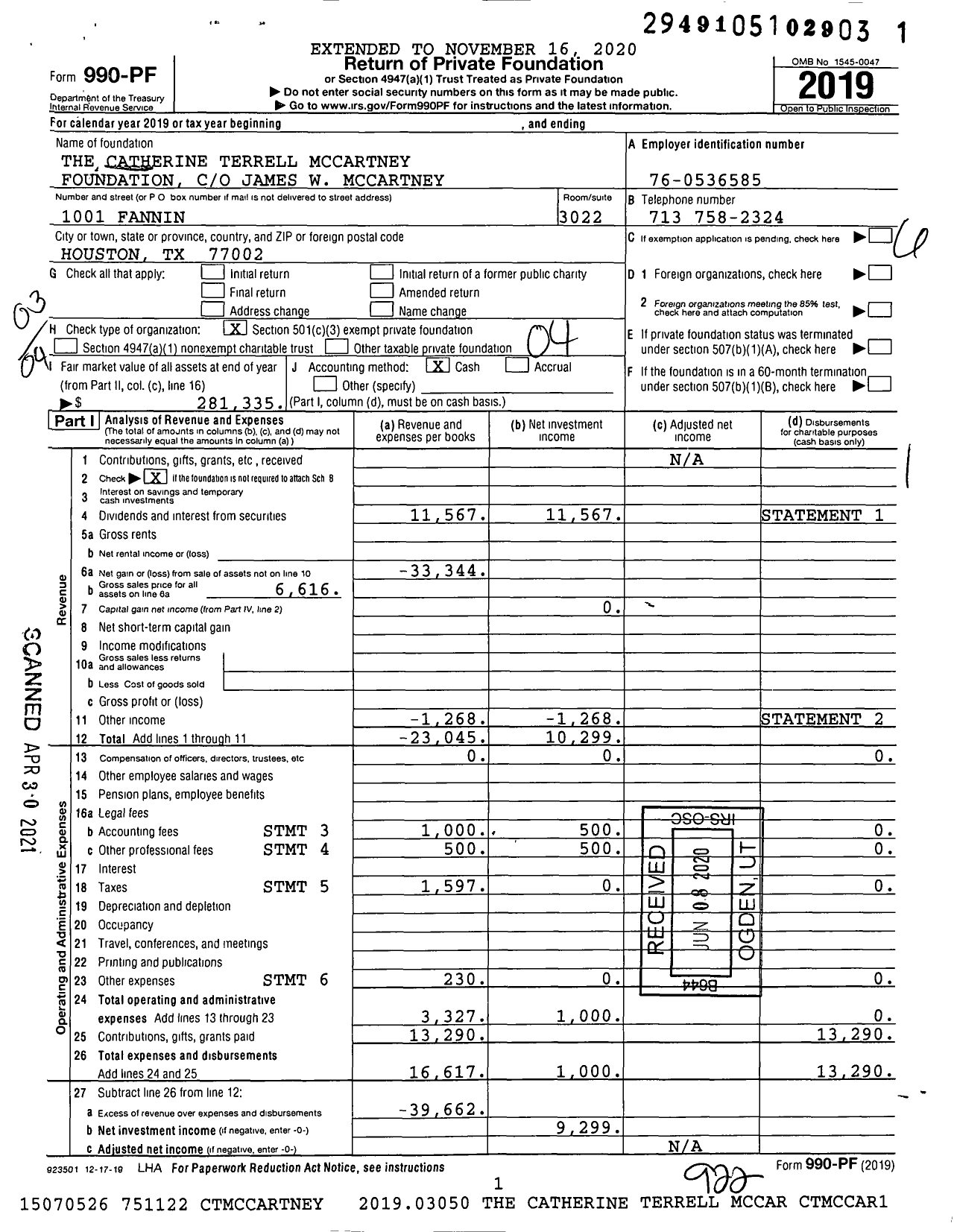 Image of first page of 2019 Form 990PF for The Catherine Terrell Mccartney Foundation