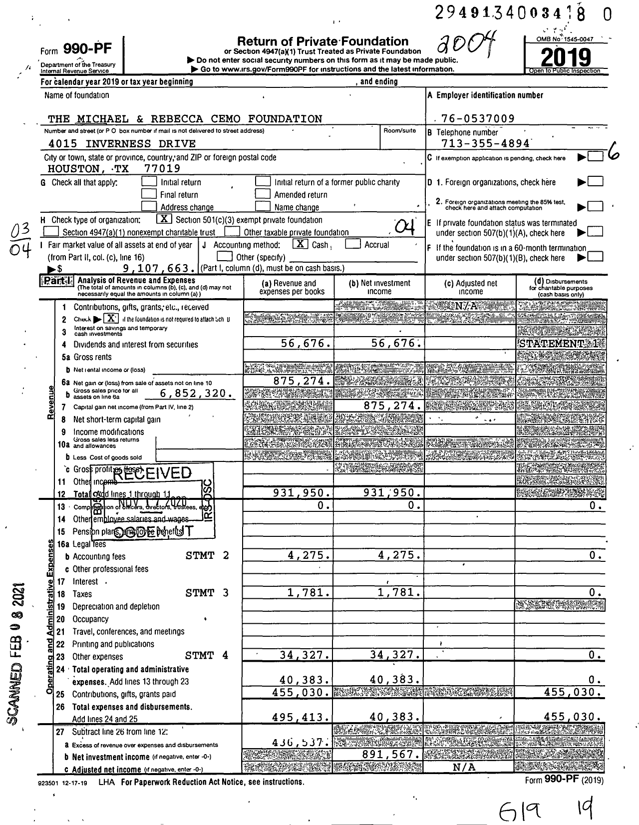 Image of first page of 2019 Form 990PF for The Cemo Foundation